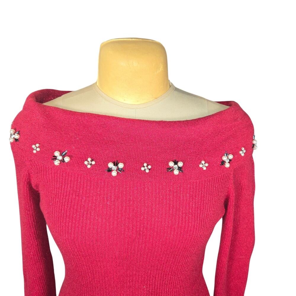 Lauren Michelle S Red Off Shoulder Embellished Sweater Beaded‎ Knit Top Holiday - Picture 3 of 9